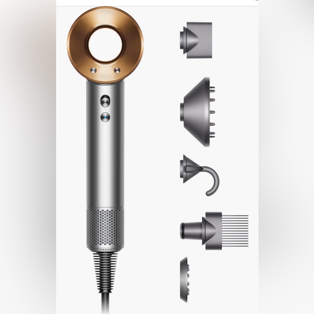Dyson Supersonic Hair Dryer with 5 styling attachments. Gold/Silver